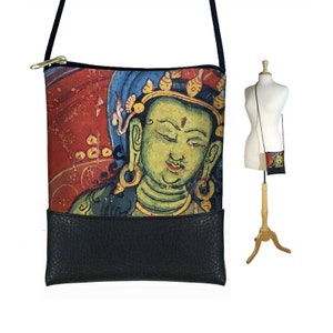 Small Cross Body Purse  Boho Buddha  Mini Crossbody Bag  cell phone purse   Vegan Black Leather Bag  Asian Art Bag, red blue green RTS