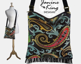 Black Crossbody Hobo Bag Boho Sling Bag Hippie Bag Boho Cross Body Fringe Purse Paisley Tapestry Bag red yellow blue QCK