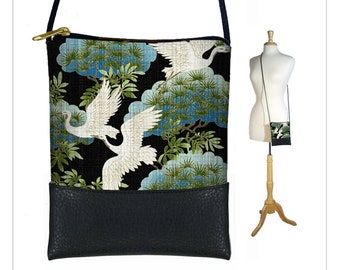 Heron Print Small Cross Body Bag   Asian Fabric Crossbody Purse  Japanese Art Cell Phone Purse  Bird Floral Shoulder Bag  blue black QCK