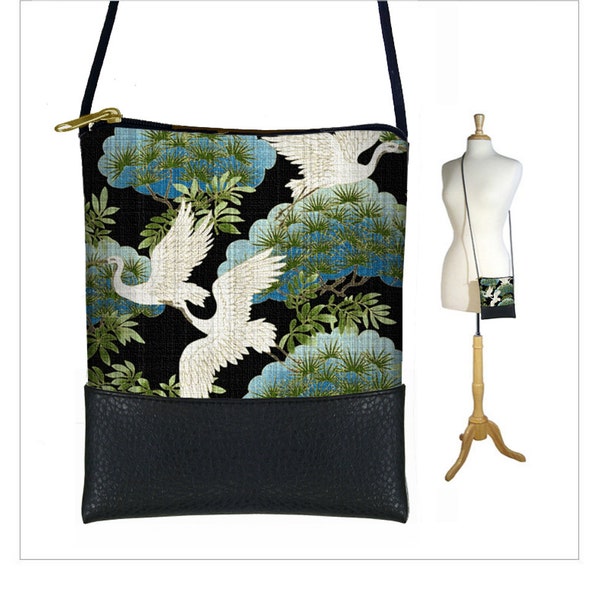 Heron Print Small Cross Body Bag   Asian Fabric Crossbody Purse  Japanese Art Cell Phone Purse  Bird Floral Shoulder Bag  blue black RTS