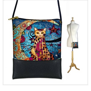 Moon Cat Small Cross Body Bag  Blue Cat Fabric Shoulder Bag Purse  Mini Crossbody Bag  Celestial Cell Phone Purse  Cat Lover Gift RTS