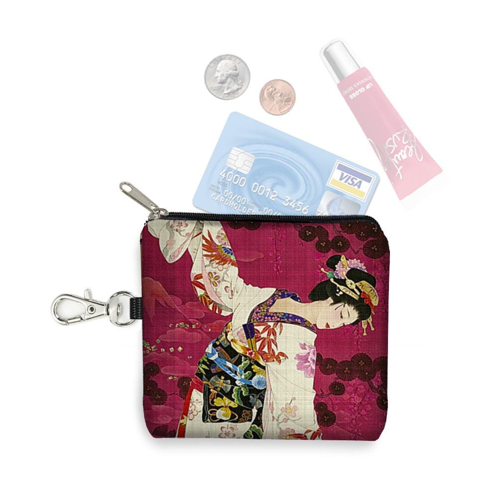 Red Geisha Small Zipper Pouch Coin Purse Keychain Asian Art