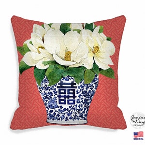 22 INCH Indoor Outdoor Pillow Cover Asian Chinoiserie Blue Ginger Jar Magnolia Flower Pillow Covers Zipper Closure 22 X 22 22X22 QCK image 1