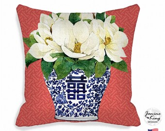 Indoor Outdoor Pillow Cover  Asian Chinoiserie Blue Ginger Jar Magnolia Flower Pillow Covers 20x20  18 x 18 + more   Zipper Closure  MTO