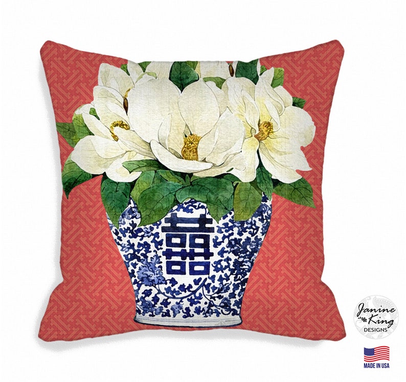 22 INCH Indoor Outdoor Pillow Cover Asian Chinoiserie Blue Ginger Jar Magnolia Flower Pillow Covers Zipper Closure 22 X 22 22X22 QCK image 1