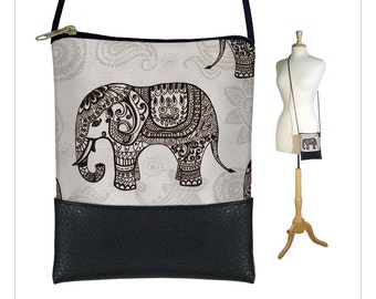 Elephant Small Crossbody Purse   Cross Body Shoulder Bag  Large Cell Phone Case  paisley gray black RTS