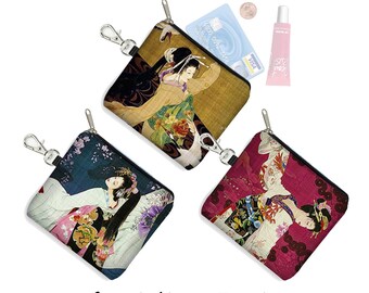 Blue Geisha Small Zipper Pouch Coin Purse Keychain Asian Art