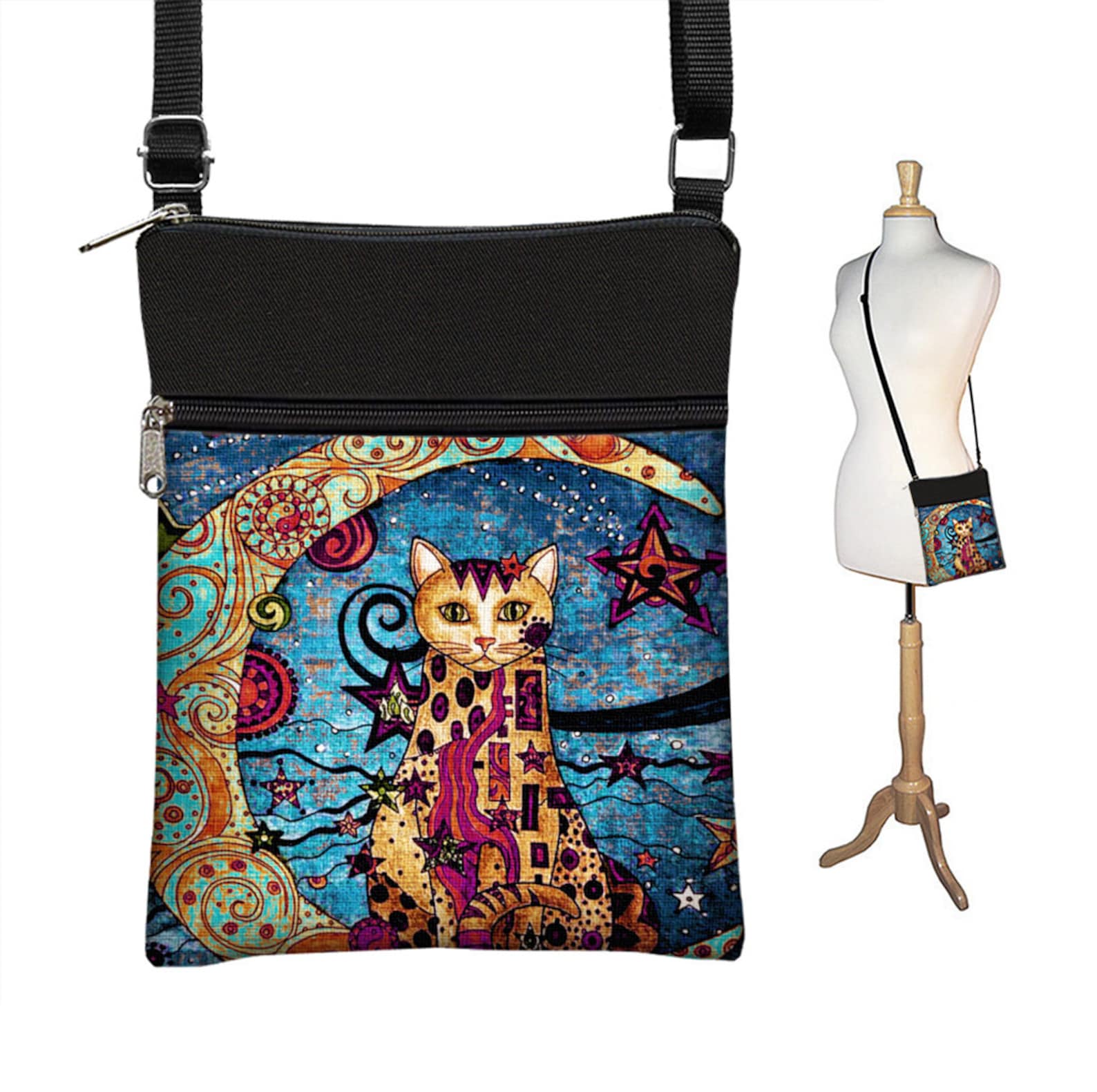 Purse Ereader Moon Cat Cross Body Purse Cat Fabric Handbags Small Crossbody Bags Boho ...