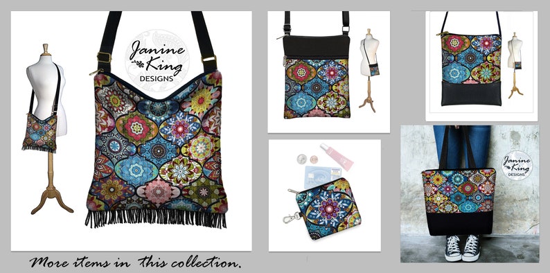 May include: A set of four bags featuring a colorful, geometric pattern with a black background. The bags include a crossbody bag, a tote bag, a small zippered pouch, and a larger zippered pouch. The bags are all made of a durable fabric and have a black zipper closure. The bags are perfect for everyday use or for special occasions.