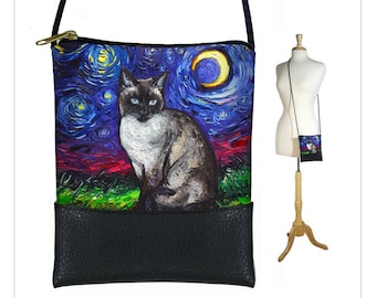 SG Siamese Cat Small Crossbody Bag  Starry Night Cell phone purse   Mini shoulder bag  Cat Lover Gift  Crescent Moon Art Bag  blue black RTS