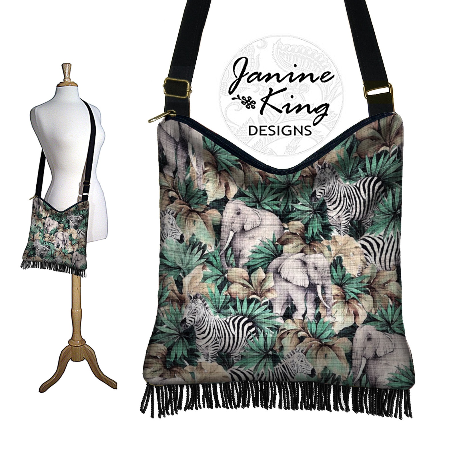 Elephant and Zebra Print Fabric Bag  Bohemian Hippie Bag  Hobo Purse  Crossbody Purse  Womens Shouder Bag  Fringe Purse, green black tan RTS