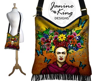 Frida Kahlo Bag  Bohemian Hippie Bag  Hobo Purse  Frida Kahlo Print Fabric Bag  Crossbody Purse  Gyspy Bag, Fringe Purse, Handbag Women RTS