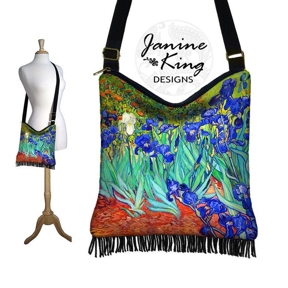 Van Gogh Large w//Front /& Back Design Irises Bucket Tote w//Genuine Leather Trim