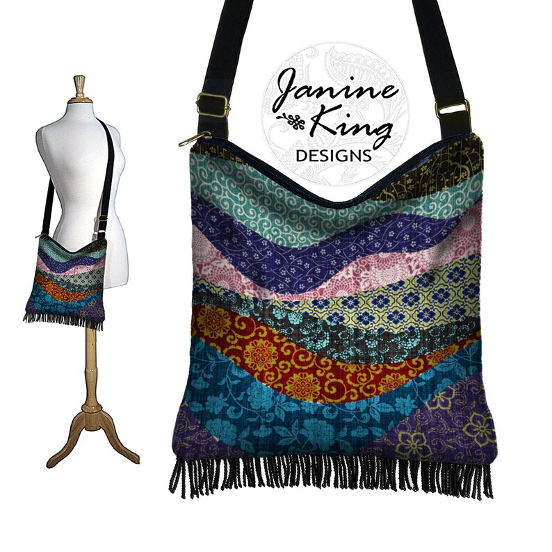 Sac hippie bohème sac à main hobo sac à bandoulière sac gyspy sac à main à franges sacs en tissu asiatique, sac à bandoulière, patchwork ondulé coloré RTS image 1