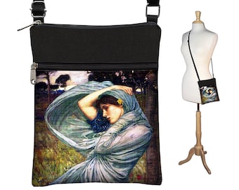 Small Crossbody Bags for Women, Fabric Handbags, Boho Bag, Cross Body Purse Black Shoulder Bag Waterhouse Boreas Pre-Raphaelite Art Bag RTS