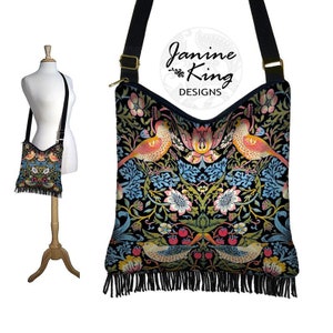 Hippie Bag Hobo Purse Crossbody Slouch Bag Gyspy Boho Fringe Bag   Strawberry Thief William Morris Floral  birds berries blue RTS