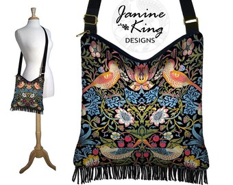Hippie Bag Hobo Purse Crossbody Slouch Bag Gyspy Boho Fringe Bag   Strawberry Thief William Morris Floral  birds berries blue RTS