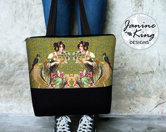 Large Tote Bag with zipper and pockets  Art Nouveau Fabric Carry on  Paisley Canvas Tote Bag for Women   Lady with Parrot  Art Bag   RTS