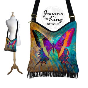 Bohemian Butterfly Hippie Bag Hobo Purse Crossbody Bag Gyspy Boho Fringe Bag  zipper  colorful blue purple orange black RTS