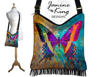 Bohemian Butterfly Hippie Bag Hobo Purse Crossbody Bag Gyspy Boho Fringe Bag  zipper  colorful blue purple orange black RTS