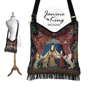 Borsa Boho Hippie Borsa Hobo Borsa a Tracolla Gyspy Boho Borsa con Frange Borsa Medievale Rinascimentale Borsa da Fiera Lady and the Unicorn Rosso blu oro RTS