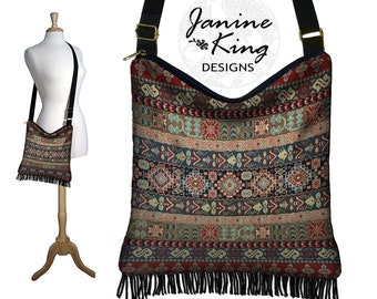 Boho Tapestry Bag  Bohemian Fringe Purse  Cross Body Hobo Bag  Crossbody Bag  Kilim Bag  Tapestry Fabric Purses, blue green red black QCK