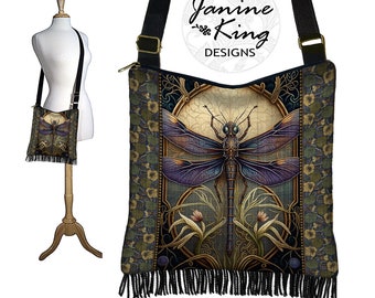 Art Nouveau Dragonfly Hobo Bag  Fabric Hippie Bag Fringe Purse  Bohemian Crossbody Bag Gypsy Bag zipper  pockets purple blue green gold QCK