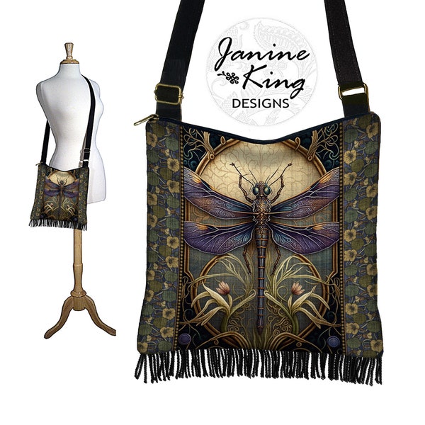 Art Nouveau Dragonfly Hobo Bag  Fabric Hippie Bag Fringe Purse  Bohemian Crossbody Bag Gypsy Bag zipper  pockets purple blue green gold QCK