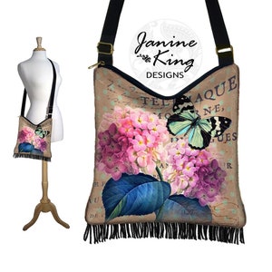 Bolso bandolera estilo hobo con estampado floral de hortensias, estilo hippie con flecos, estilo victoriano, con cremallera y bolsillos.