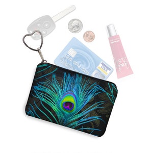 Zipper Coin Purse  Keychain Fob  Business Card Case  Bridesmaid Gift  Small Zipper Pouch  Peacock Feather Bag, black blue green purple RTS