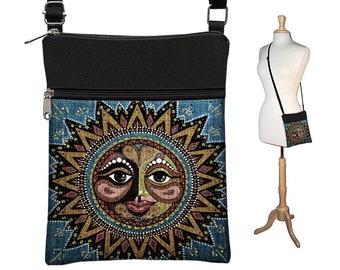 Sun Cross Body Purse   Celestial Fabric Handbags  Blue Crossbody Bags  Boho Bag  Small Shoulder Bag  Travel Bag fits eReader, Passport RTS