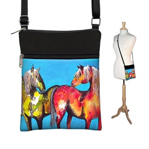 Clara Nilles Sling Bag Shoulder Purse Crossbody Bag Small Travel Purse Zipper Horses Painted Ponies turquoise red RTS image 1