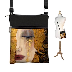 Kleine Umhängetasche Crossbody Bag Sling Schulter Geldbörse Stofftaschen Gustav Klimt Freyas Tränen Jugendstil Göttin Göttin Schwarz Gold RTS