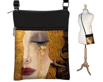 Small Cross Body Purse Crossbody Bag Sling Shoulder Purse Fabric Bags Gustav Klimt Freya's Tears Art Nouveau Woman Goddess Black Gold RTS