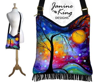 MadArt  Hippie Bag Fringe Boho Bag Hobo Purse Handbag Cross Body Shoulder Bag  Winter Sparkle  tree moon zipper blue purple red RTS