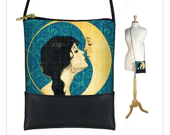 Kiss the Moon Paisley Cross body bag  Boho sling bag  Cell phone purse   Small shoulder bag  Art Nouveau  Art Deco blue green gold black MTO