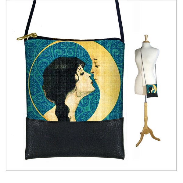 Kiss the Moon Paisley Cross body bag  Boho sling bag  Cell phone purse   Small shoulder bag  Art Nouveau  Art Deco blue green gold black RTS