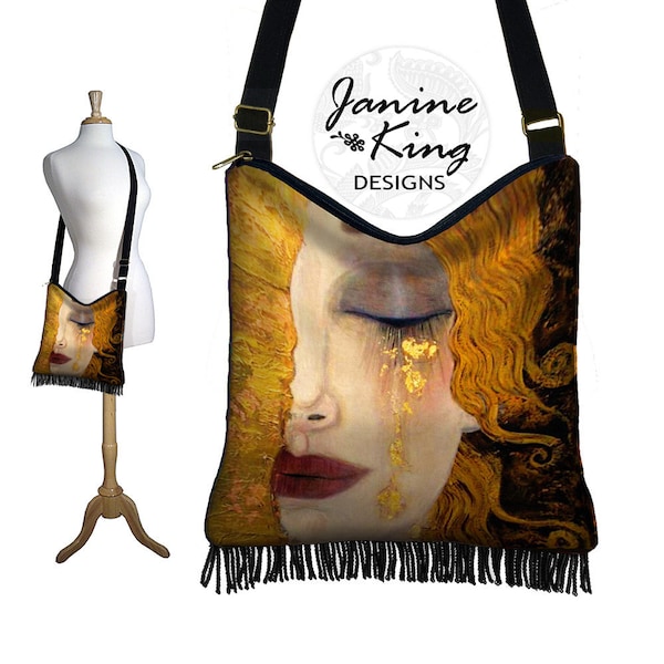Boho Tasche Hippie Fransen Geldbörse Boho Crossbody Bag Stoff Handtaschen Gustav Klimt Freyas Tränen Jugendstil Frau Göttin Gold Rot Schwarz RTS