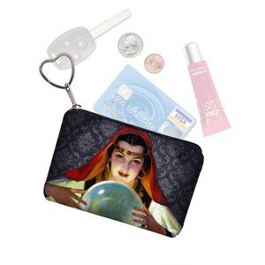 Petite pochette à fermeture éclair porte-monnaie porte-clés porte-cartes de visite bohème diseuse de bonne aventure gitane boule de cristal damas rouge bleu or noir RTS