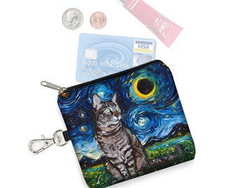 SG Tabby Cat Small Zipper Pouch  Coin Purse Keychain  Van Gogh Cat Gift   Key Fob  Starry Night Fabric Card Holder  Celestial Blue Moon RTS
