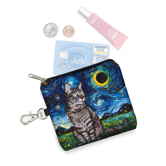 SG Tabby Cat Small Zipper Pouch  Coin Purse Keychain  Van Gogh Cat Gift   Key Fob  Starry Night Fabric Card Holder  Celestial Blue Moon RTS