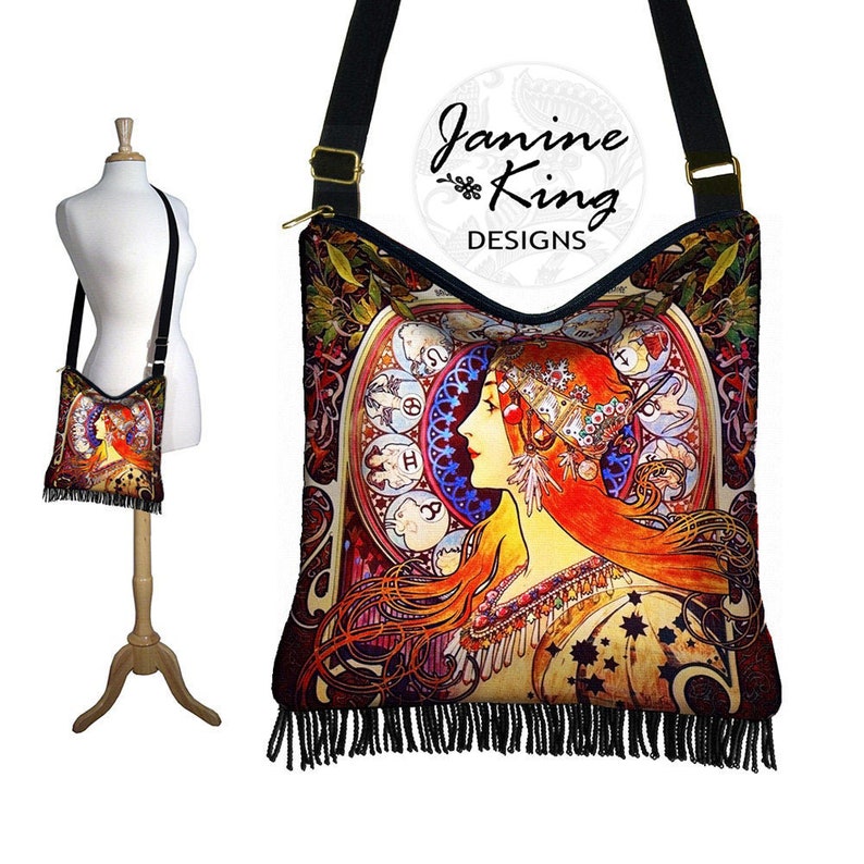 Hippie Bag Hobo Purse Crossbody Slouch Bag Gyspy Boho Fringe Bag Alphonse Mucha Zodiac Art Nouveau Woman blue orange QCK image 1