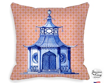 Indoor Outdoor Pagoda Pillow Cover  Asian Chinoiserie  18 x 18 inch  20x20 22x22 16x16  Hidden Zipper Closure  blue coral green, #1 MTO