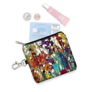 Monedero pequeño con cremallera y diseño de flores silvestres, llavero de tela con flores de colores, tarjetero, billetera pequeña, llavero RTS