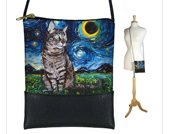 SG Tabby Cat Small Crossbody Bag  Starry Night Cell phone purse   Mini shoulder bag  Unique Cat Gift  Crescent Moon Art Bag  blue black RTS