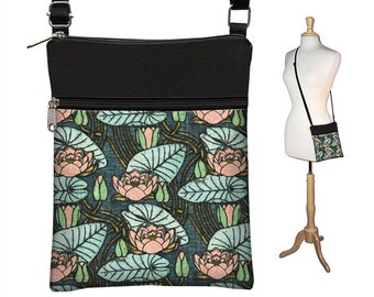 Water Lily Art Nouveau Floral Crossbody Bag Water Lily Black Cross Body Purse  Shoulder Purse  Small Travel Bag Verneuil blue pink green RTS