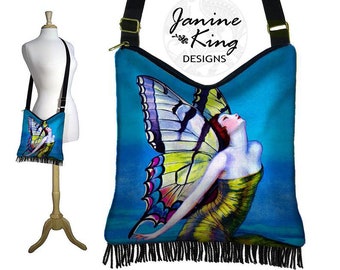 Hippie Bag Fringe Boho Bag Hobo Purse Handbag Cross Body Shoulder Bag Art Deco Flapper Butterfly Fairy Goddess blue green purple zipper RTS