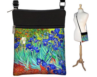 Small Cross Body Purse  Van Gogh Irises  Crossbody Bag Floral Sling Shoulder Bag Fits eReaders blue irises  orange turquoise aqua QCK