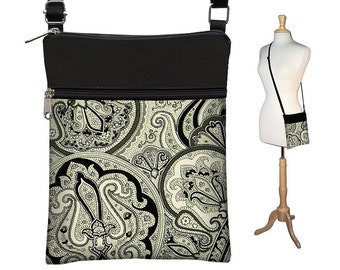 Sling Bag Shoulder Purse Cross Body Bag Small Travel Purse Zipper Fits eReaders  Vintage Paisley Onyx RTS