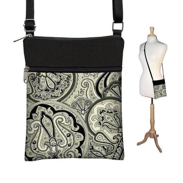 Sling Bag Shoulder Purse Cross Body Bag Small Travel Purse Zipper Fits eReaders  Vintage Paisley Onyx QCK